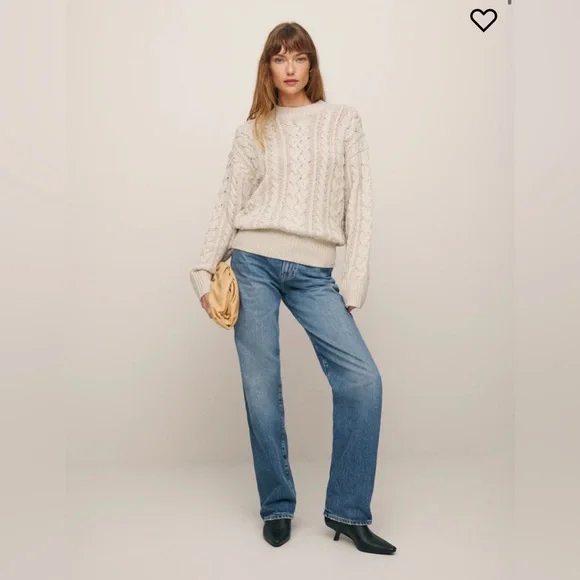 Reformation Sam Cotton Cashmere Oversized Crew Sweater in Gossamer Cable, size M - Picture 2 of 9